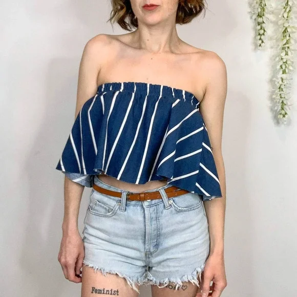 NWT FAITHFULL Suns Out Top linen strapless frayed cropped navy white striped - Picture 3 of 15
